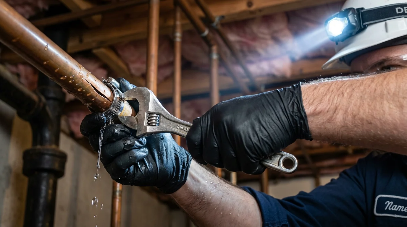 Emergency pipe clamp repair being performed by a Johns Plumbing LLC plumber in Monrovia